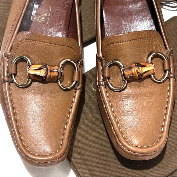 Authentic Gucci Leather Driving Shoes Loafers with Bamboo Horsebit Size 39 Tan - Picture 14 of 17
